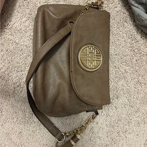Chic Taupe Crossbody Bag with Gold Accents